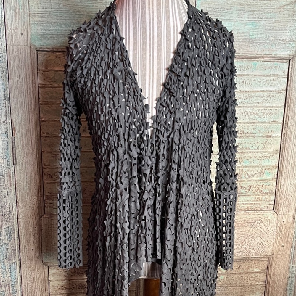 Elegant Laser, Cut Gray Sede Textured Women's Cardigan
